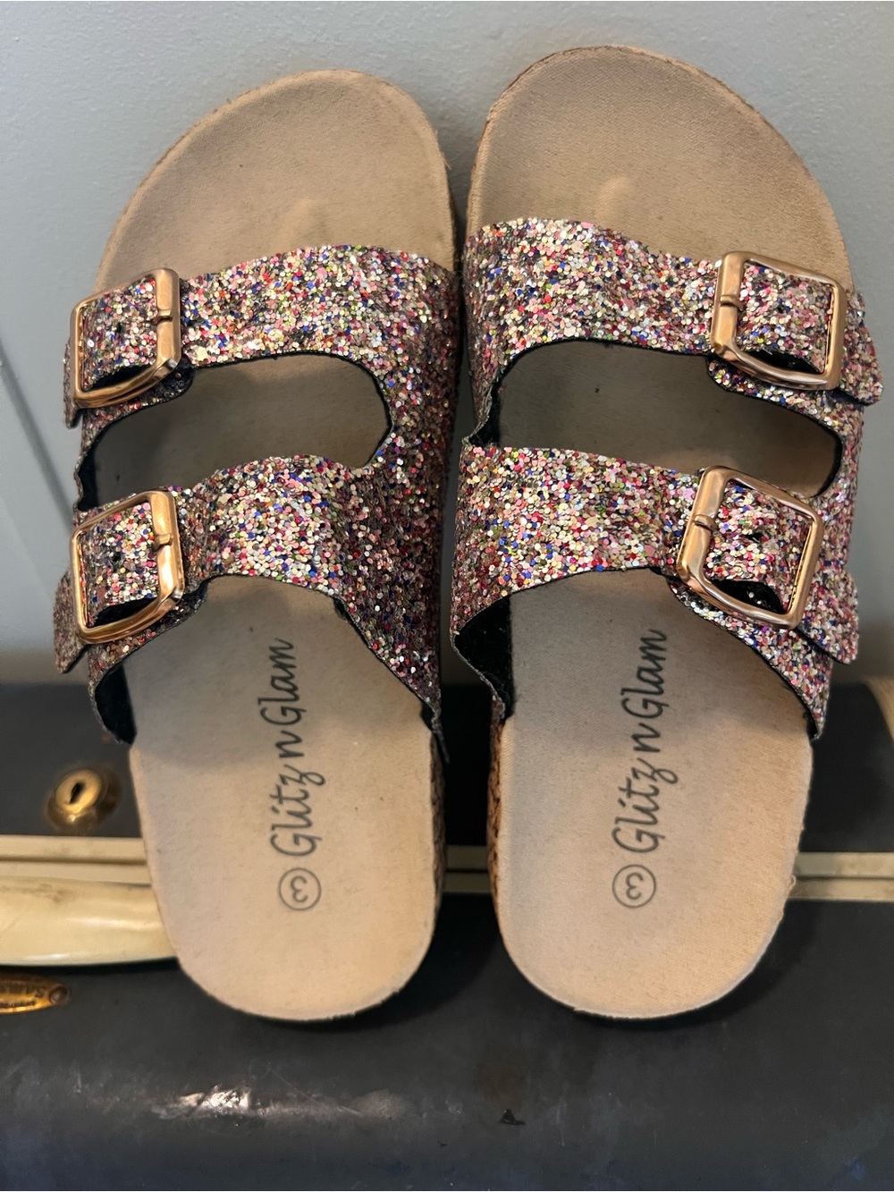 Glitzy Glam Kids Double-Buckle Glitter Slide Sandals - Pink Multi